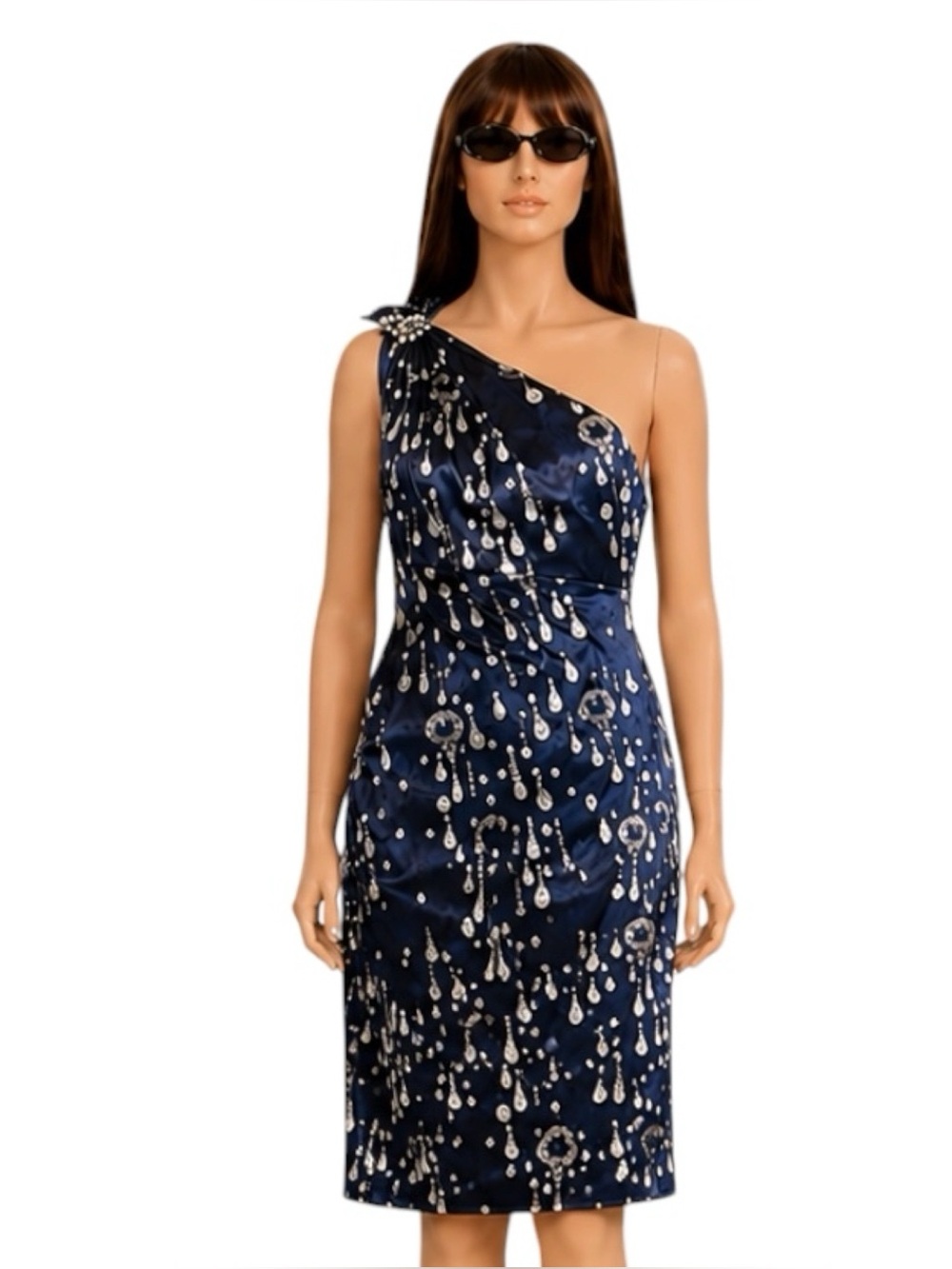 David Meister One Shoulder Satin Cocktail Dress Navy Pearl Jewelry Print Size 12